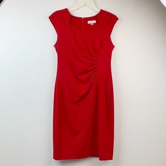 Calvin Klein ponte knit red tailored sheath square neck work cocktail dress EUC - Picture 2 of 10